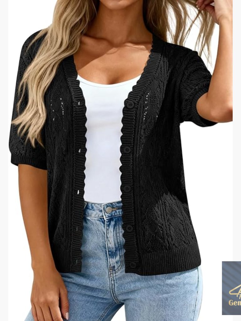 Lightweight Viscose Crochet Cardigan Short Sleeve V-Neck Spring Summer